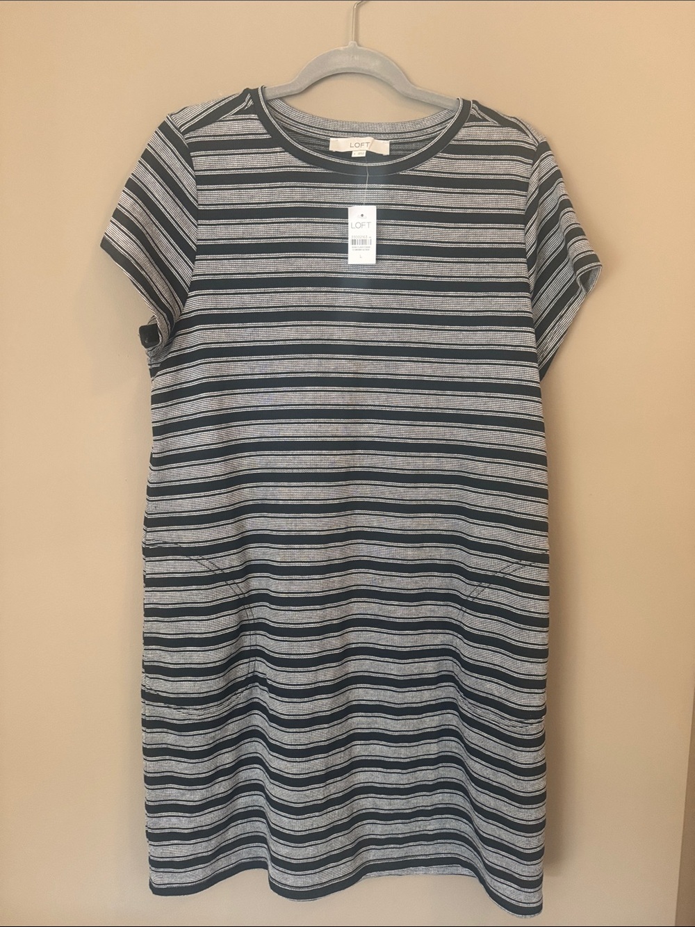 LOFT Black & Gray Striped Short Sleeve Shift Dress